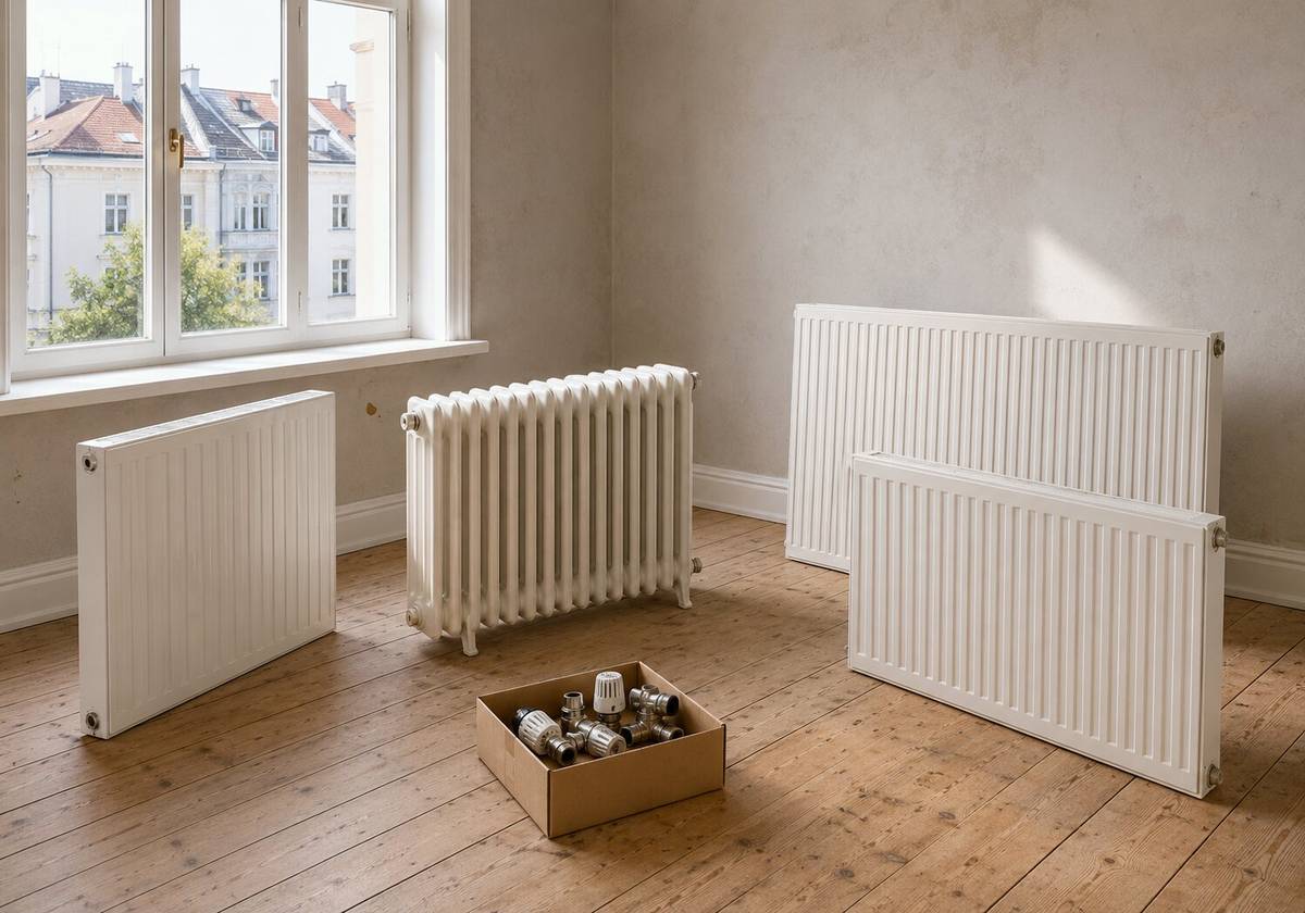 Demontierte Heizkörper getrennt von Ventilen und Armaturen