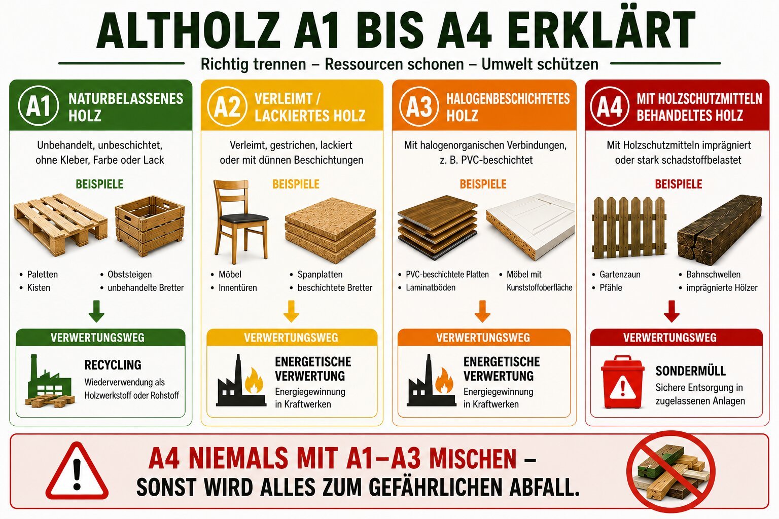 Die vier Altholzklassen A1 bis A4 mit Beispielen und Verwertungsweg: A1 naturbelassen zum Recycling, A2 und A3 behandelt zur energetischen Verwertung, A4 mit Holzschutzmitteln als Sondermüll