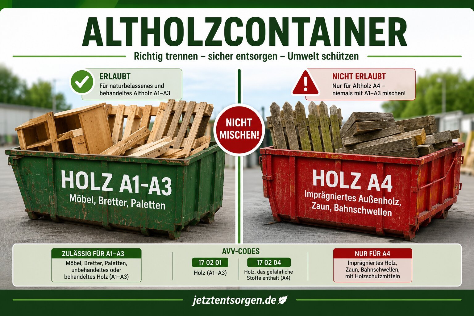 Altholzcontainer richtig trennen: grüner Container für Holz A1 bis A3 mit Möbeln, Brettern und Paletten, roter Container für Holz A4 mit imprägniertem Außenholz, Zaun und Bahnschwellen