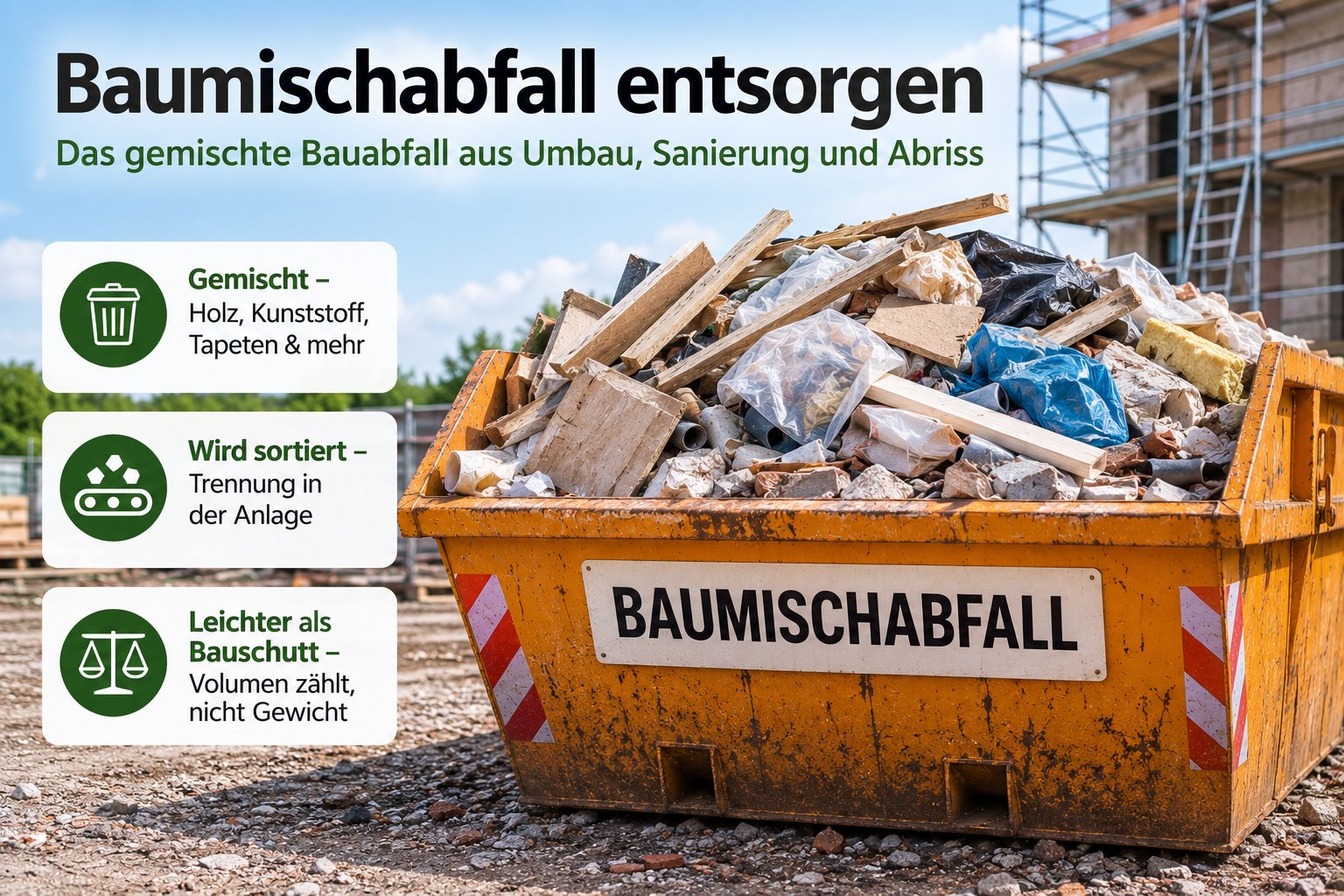 Gelber Baumischabfall-Container mit typischem gemischtem Inhalt aus Holz, Kunststoff, Tapeten und etwas Bauschutt
