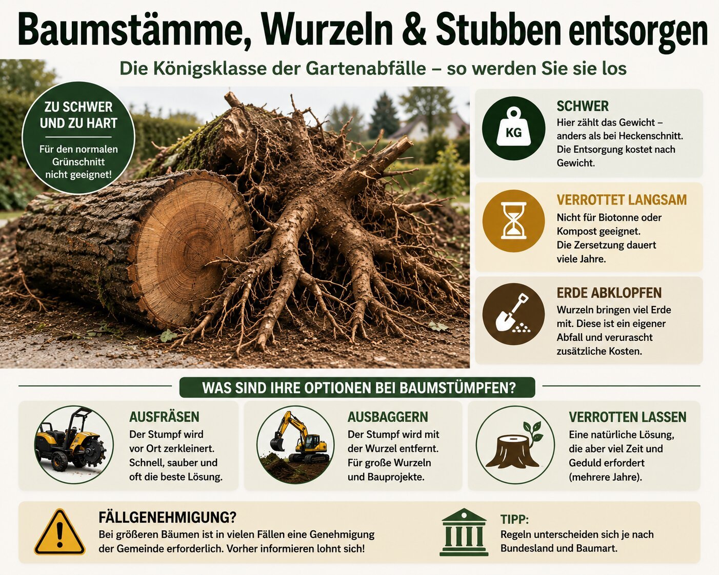 Baumstämme, Wurzeln und Stubben entsorgen: schwer und langsam verrottend, mit den Optionen Ausfräsen, Ausbaggern oder verrotten lassen