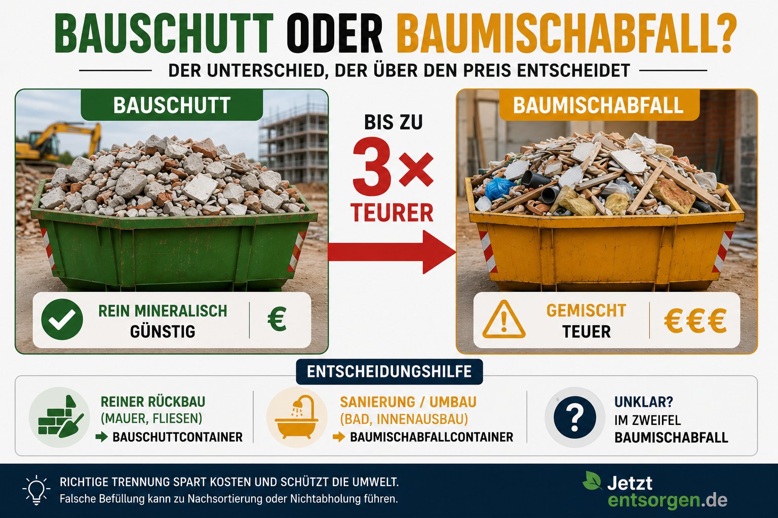 Vergleich Bauschutt gegenüber Baumischabfall: reiner mineralischer Abfall ist günstig, gemischter Abfall bis zu dreimal teurer