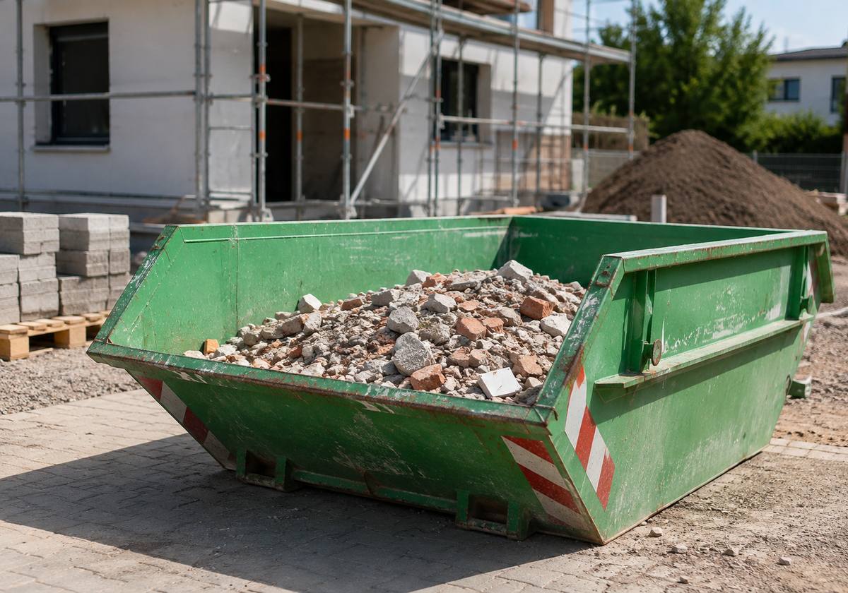 Sortenreiner Bauschutt aus Ziegeln, Fliesen und Beton in einem Container