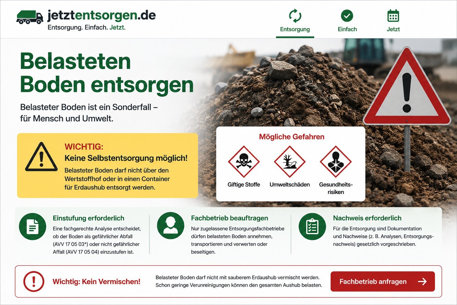 Belasteten Boden entsorgen: Warnhinweis zu möglichen Gefahren und Hinweis, dass keine Selbstentsorgung möglich ist – nur durch Fachbetriebe