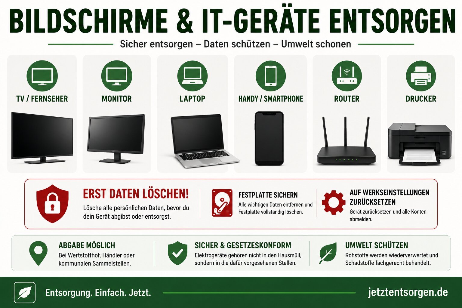 Bildschirme und IT-Geräte entsorgen: TV, Monitor, Laptop, Handy, Router und Drucker – vorher Daten löschen, Festplatte sichern und auf Werkseinstellungen zurücksetzen