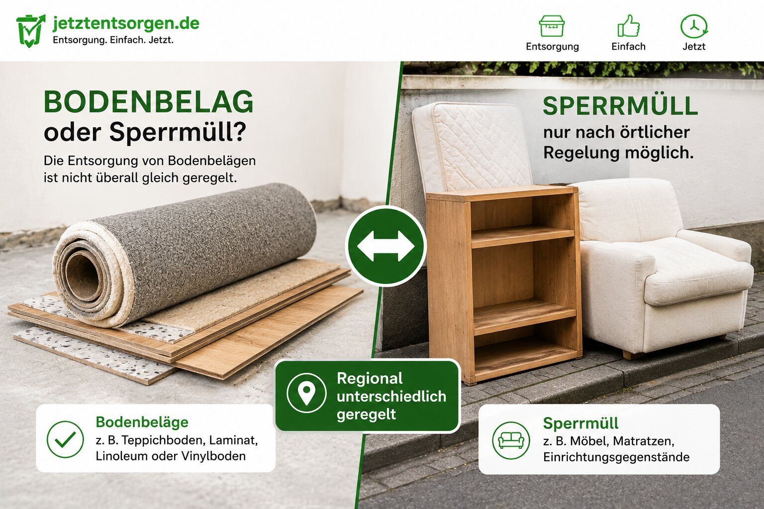 Bodenbelag oder Sperrmüll: aufgerollter Bodenbelag im Vergleich zu klassischem Sperrmüll, regional unterschiedlich geregelt