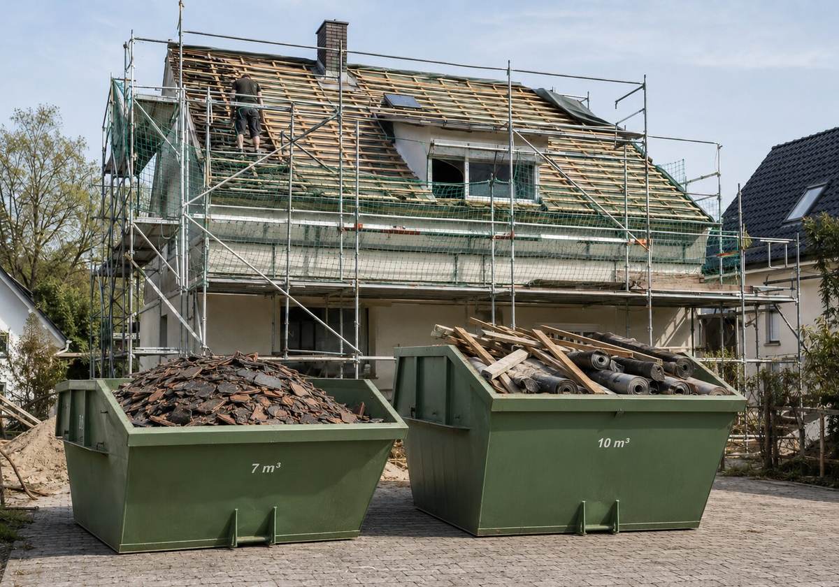 Zwei unterschiedlich große Container für Dachabfälle vor einem eingerüsteten Haus