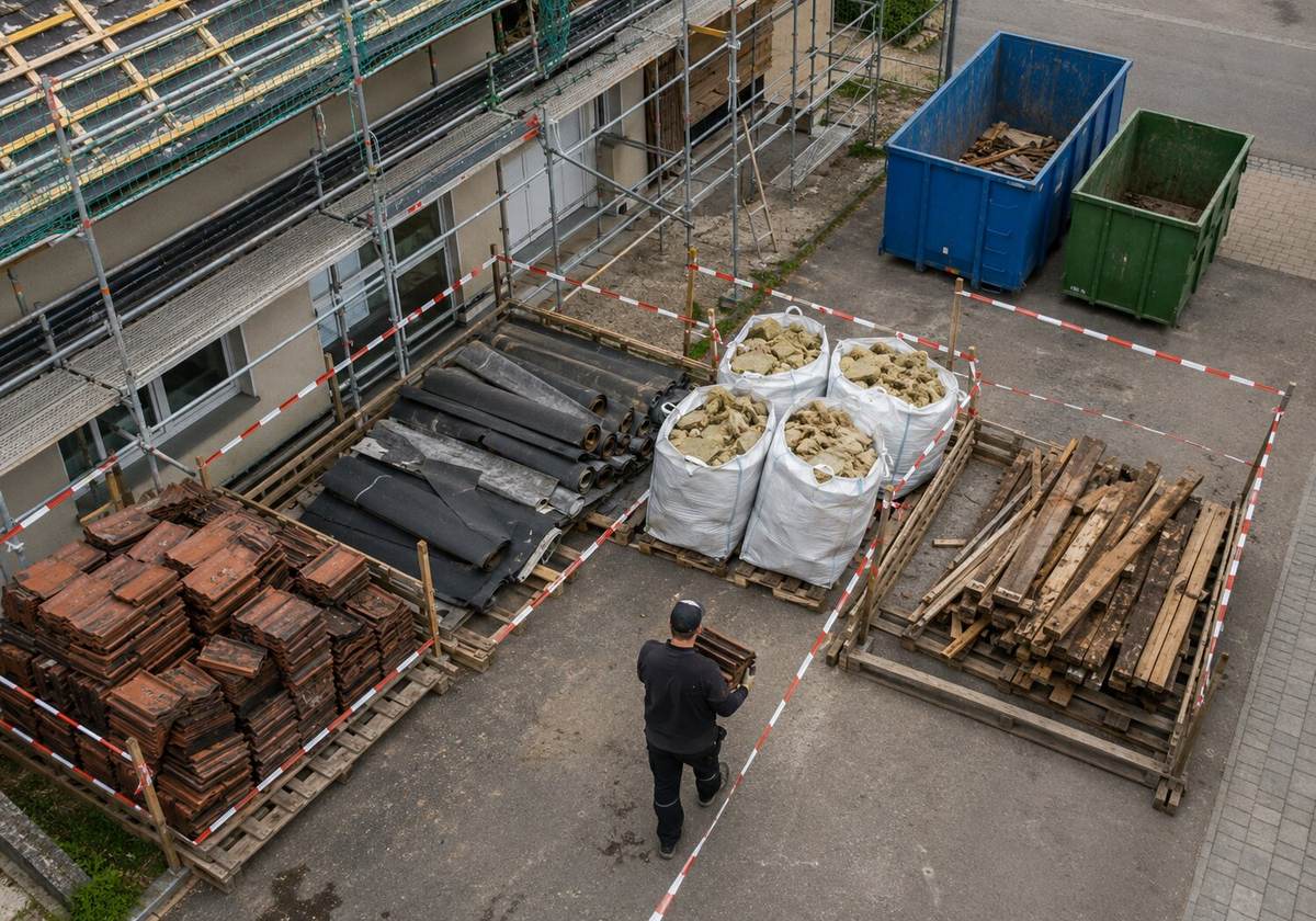 Vier abgesperrte Sammelbereiche für Dachabfälle auf einer Baustelle aus der Vogelperspektive
