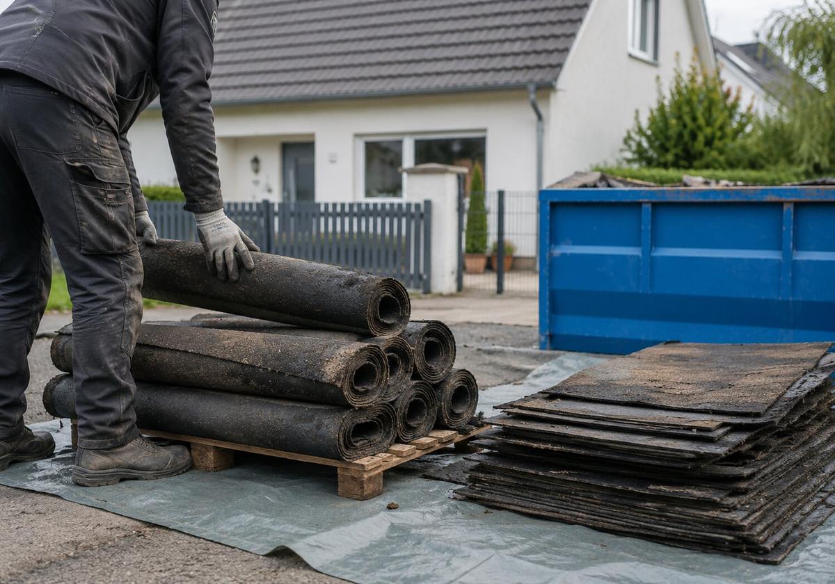 Aufgerollte alte Dachbahnen, getrennt auf einer Palette bereitgestellt