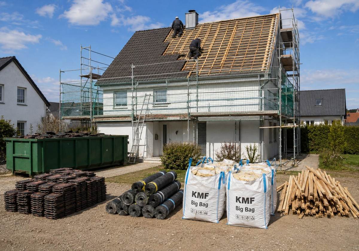 Getrennt gesammelte Abfälle einer Dachsanierung: Dachziegel, Dachbahnen, verpackte Dämmwolle und Holz vor einem eingerüsteten Haus