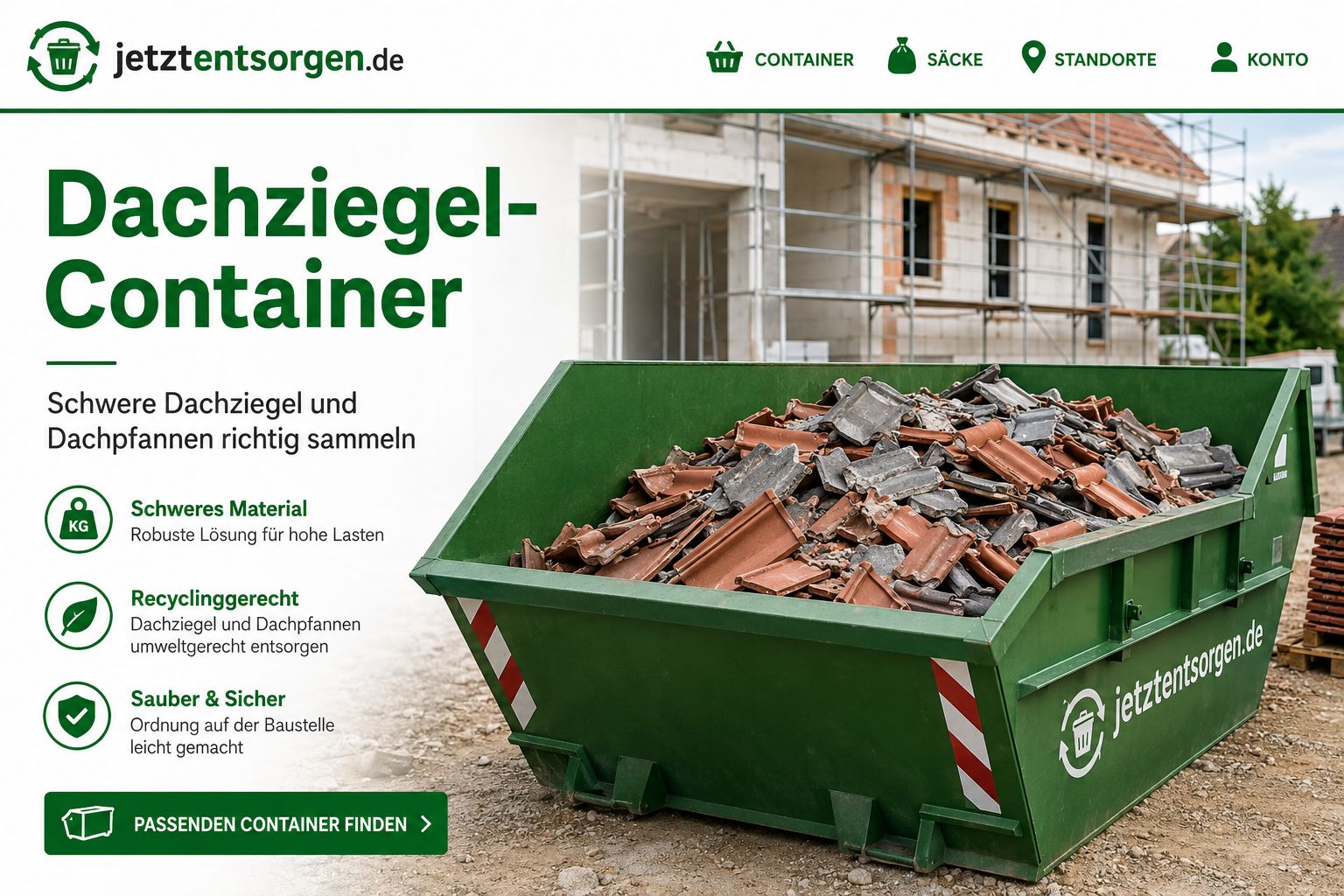 Dachziegel-Container mit Tonziegeln und Betondachsteinen beladen auf einer Baustelle
