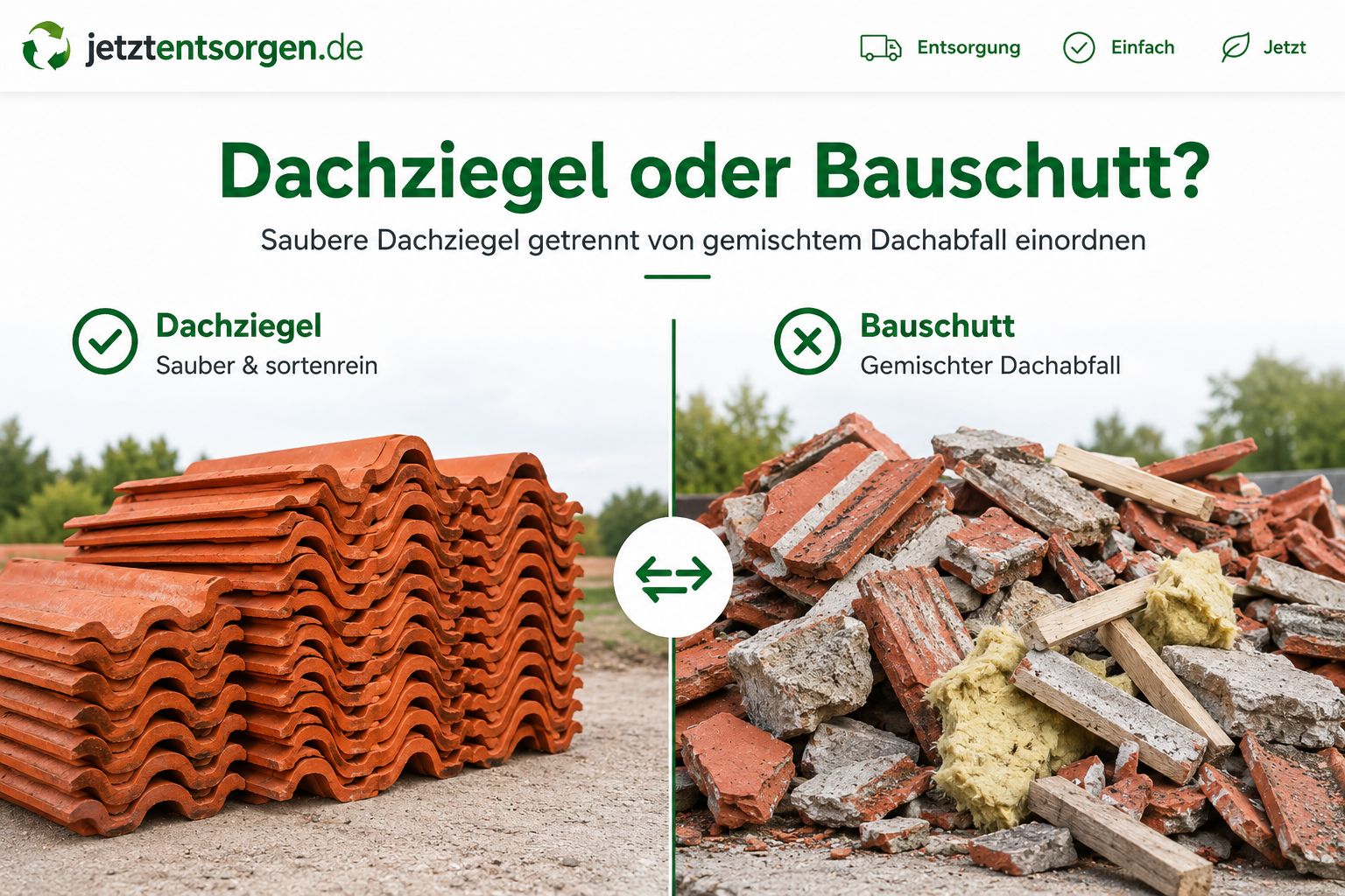 Dachziegel oder Bauschutt: saubere Dachziegel im Vergleich zu gemischtem Dachabfall mit Holz und Dämmung