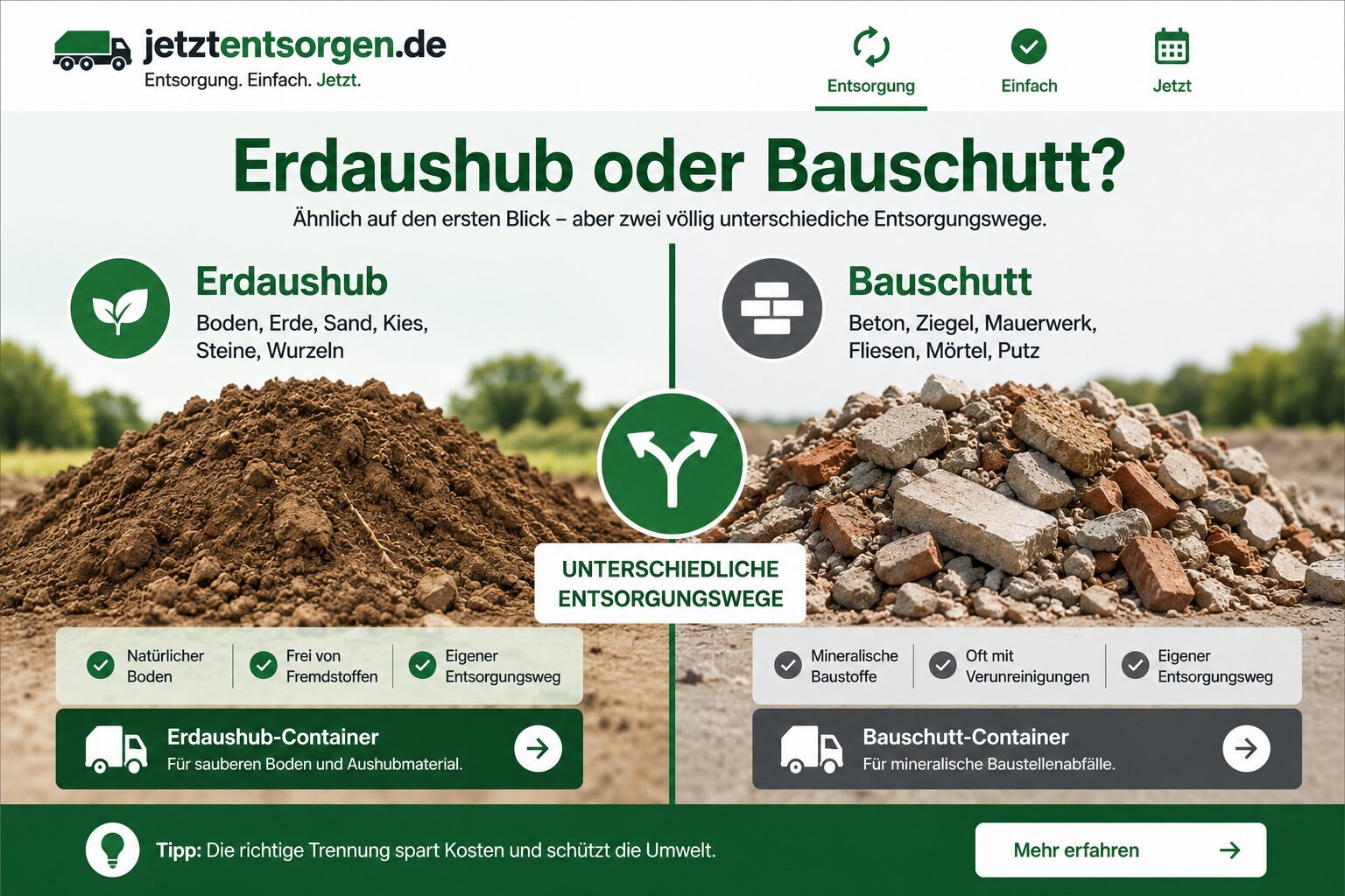 Erdaushub und Bauschutt im Vergleich: natürlicher Boden gegenüber mineralischen Baustoffen wie Beton und Ziegel mit unterschiedlichen Entsorgungswegen