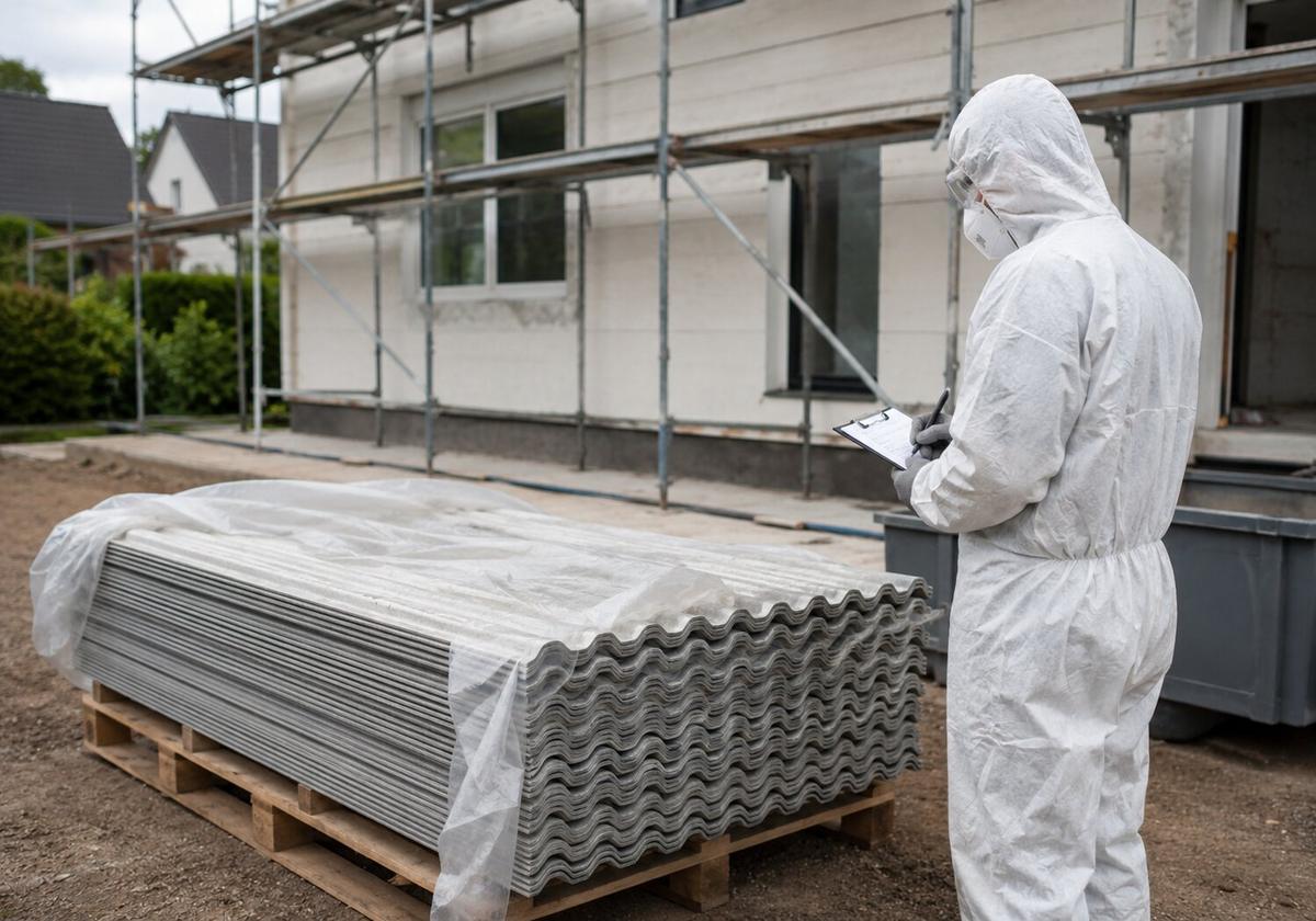 Unbeschädigte Faserzement-Wellplatten, flach auf einer Palette gestapelt und teilweise abgedeckt, daneben eine Person in Schutzausrüstung mit Klemmbrett