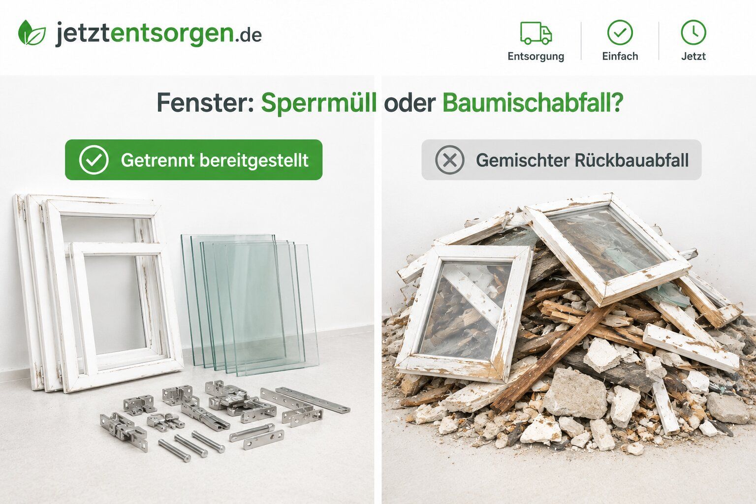 Vergleich: links getrennt bereitgestellte Fensterrahmen, Glasscheiben und Beschläge, rechts gemischter Rückbauabfall