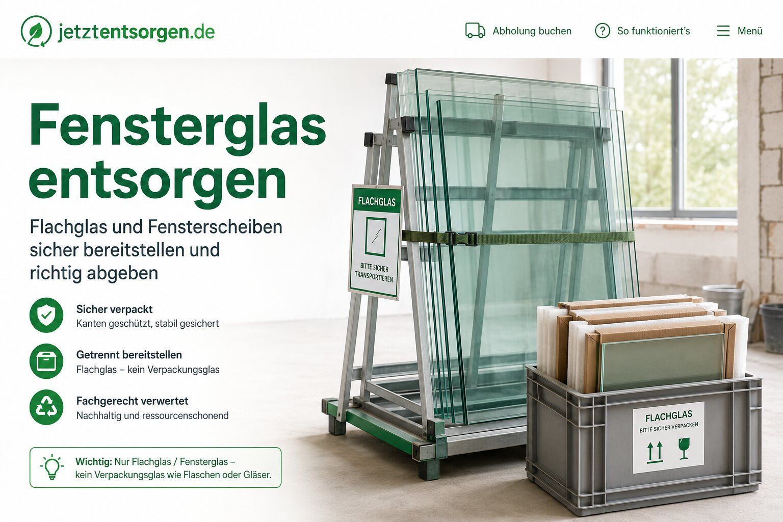 Fensterglas entsorgen: Flachglasscheiben gesichert auf einem Transportgestell, daneben verpackte Glasreste in einer Kiste