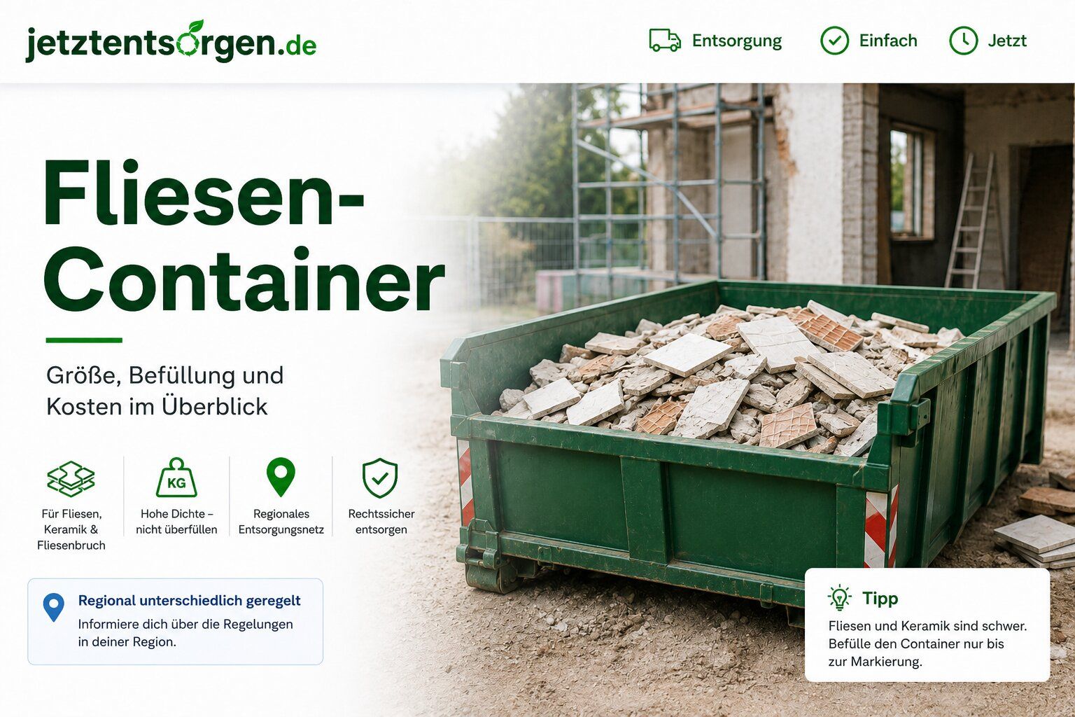 Fliesen-Container gefüllt mit Fliesenbruch – Größe, Befüllung und Kosten im Überblick
