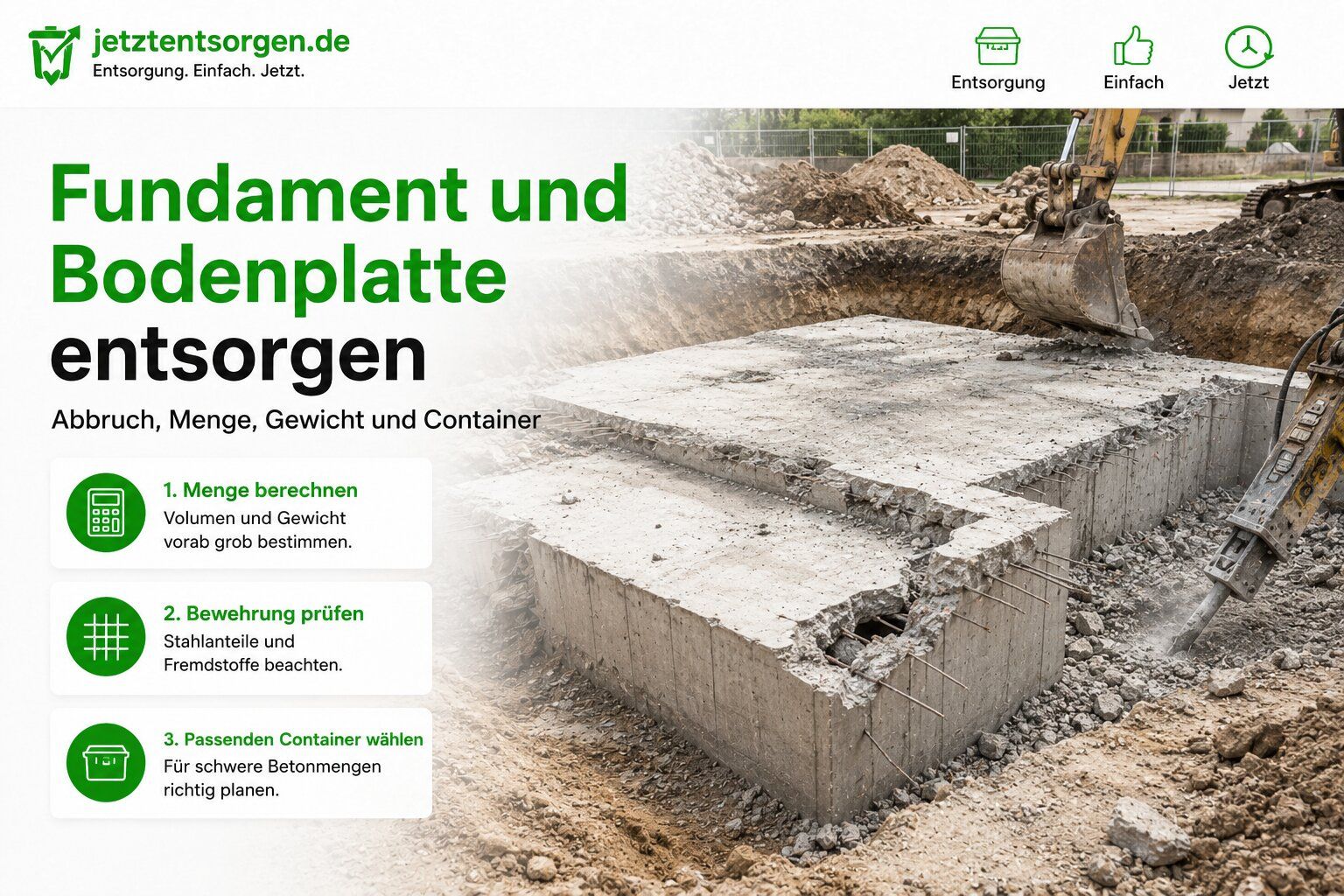 Fundament und Bodenplatte entsorgen: freigelegtes Betonfundament im Rückbau