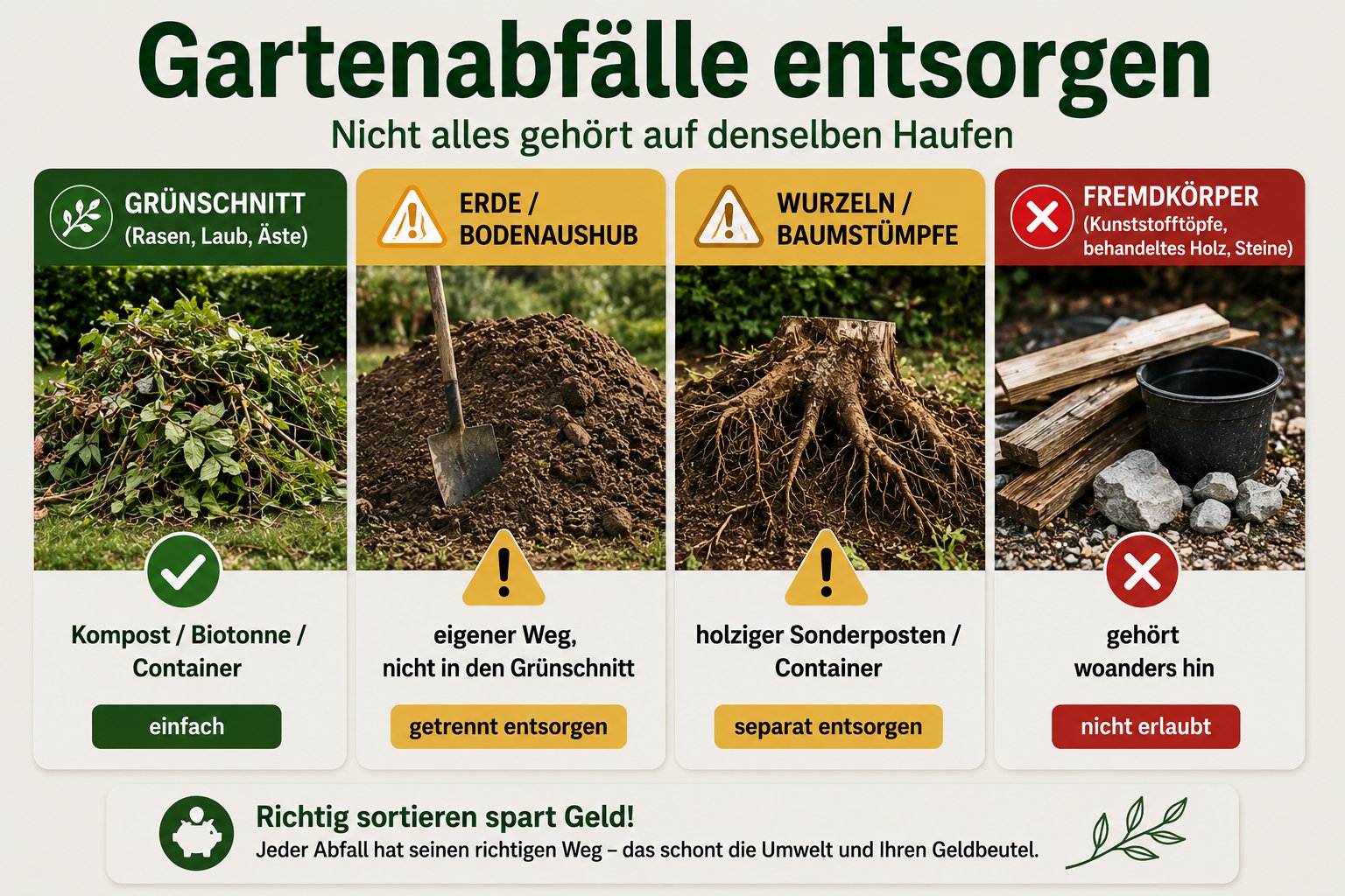 Gartenabfälle richtig sortieren: Grünschnitt, Erde, Wurzeln und Fremdkörper mit dem jeweils richtigen Entsorgungsweg
