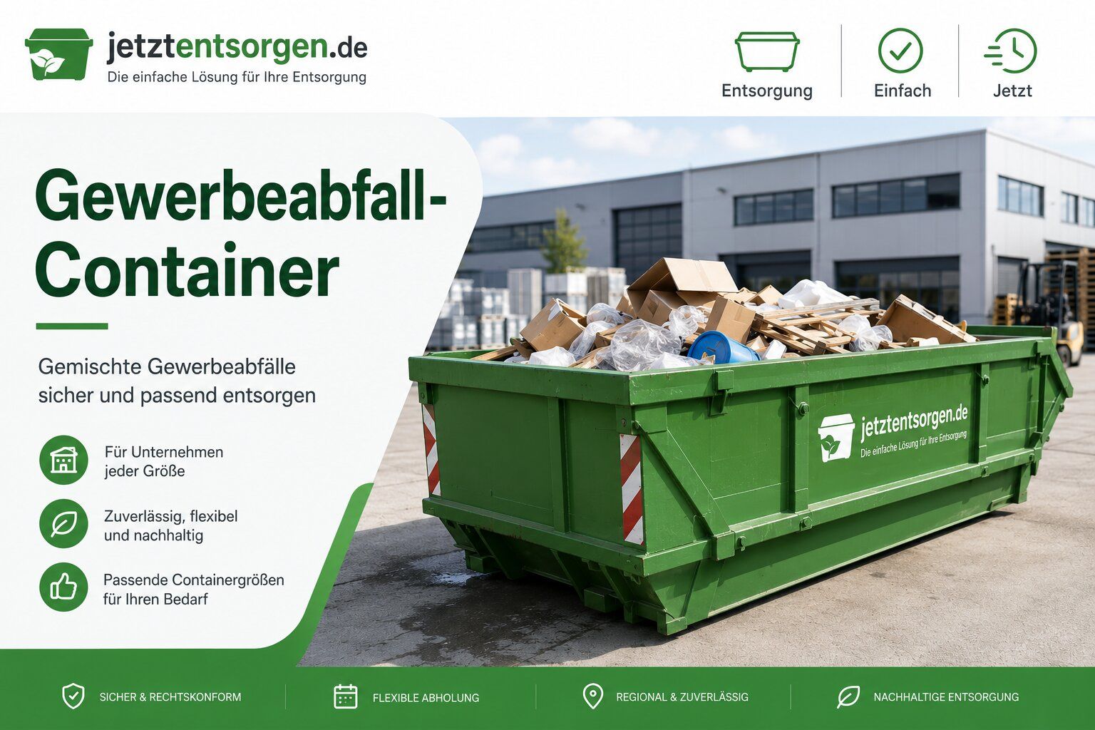 Gewerbeabfall-Container mit gemischten Gewerbeabfällen vor einem Betriebsgebäude