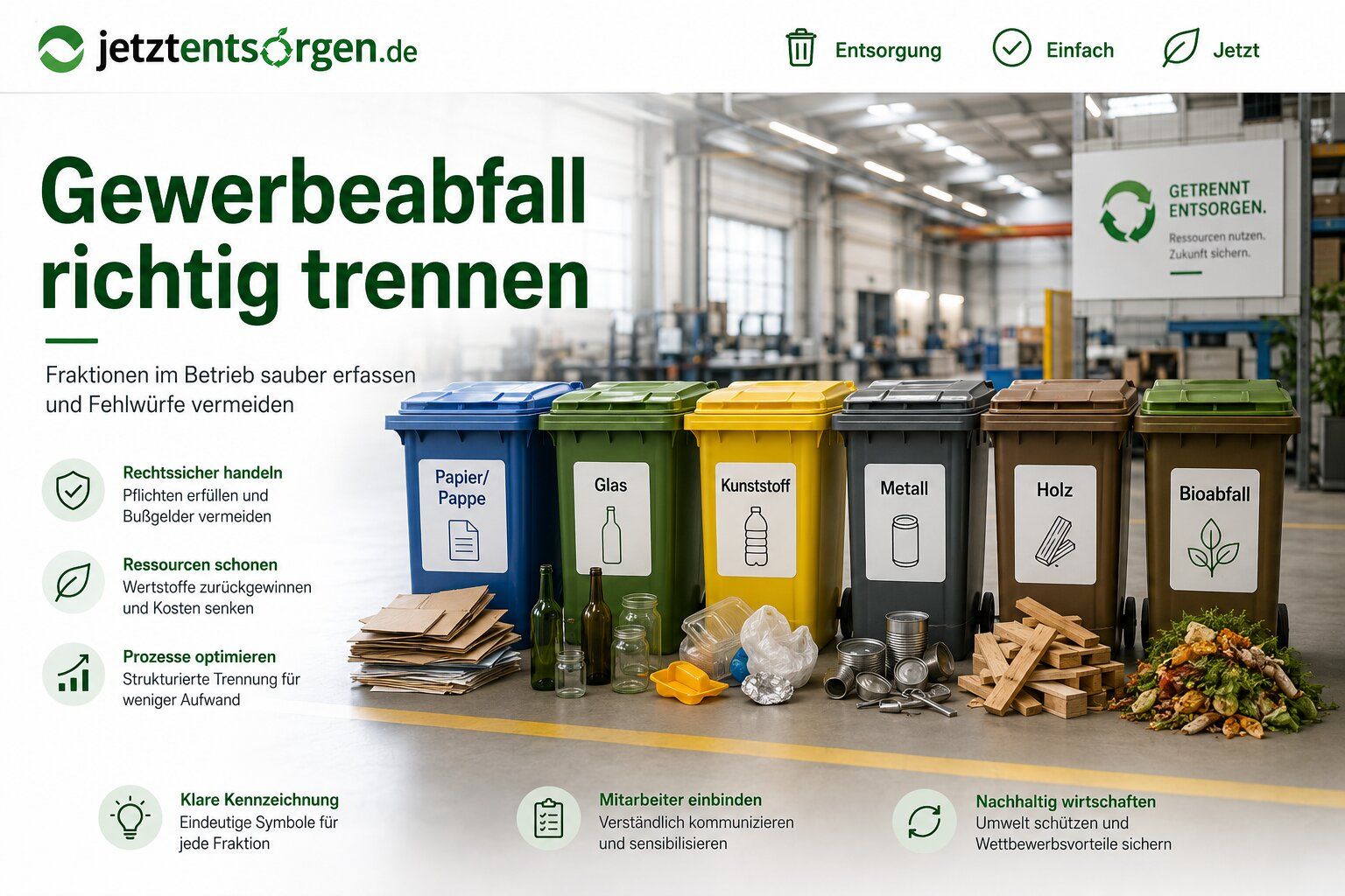 Gewerbeabfall richtig trennen: beschriftete Behälter für Papier, Glas, Kunststoff, Metall, Holz und Bioabfall in einer Betriebshalle