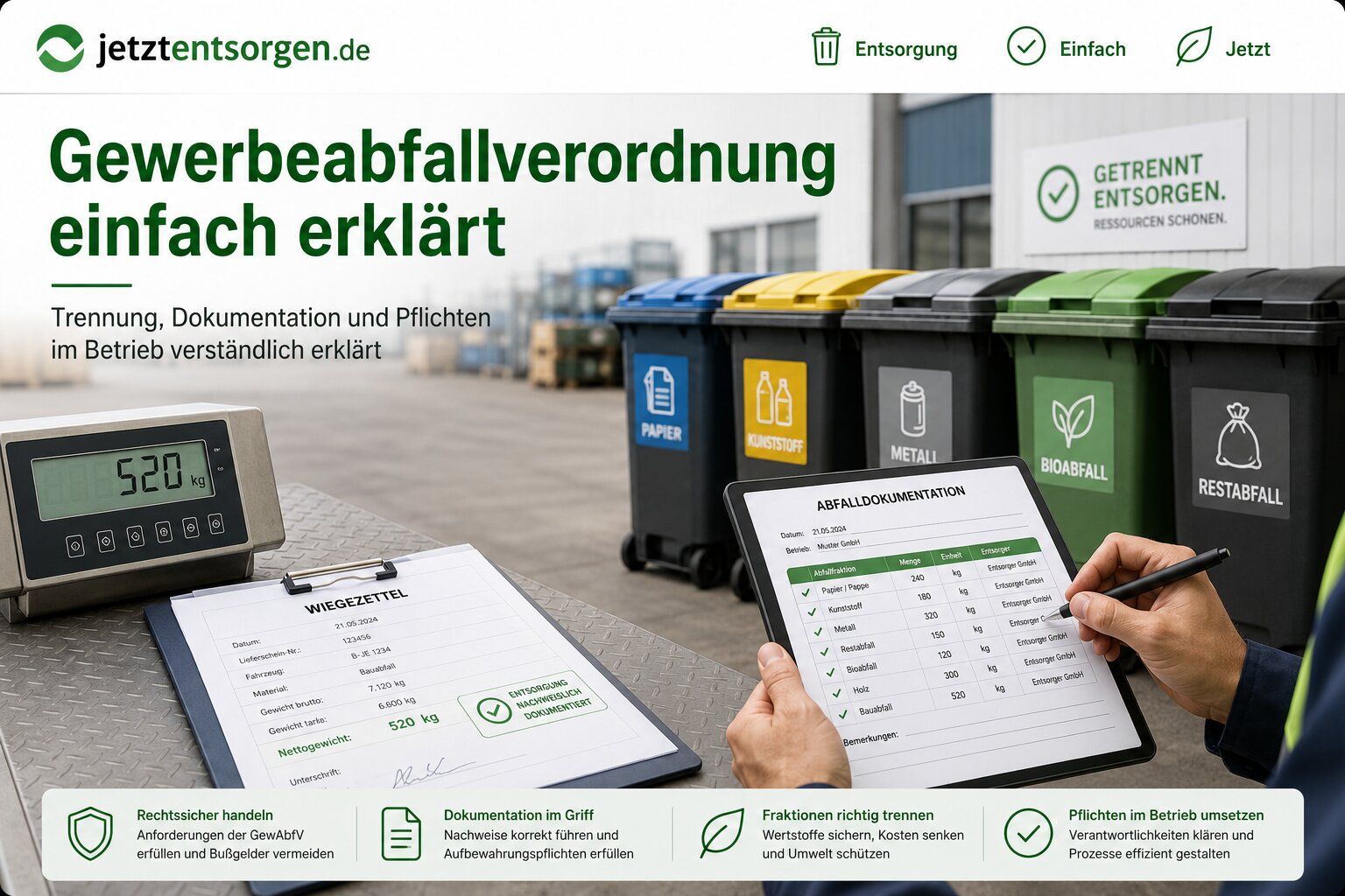 Gewerbeabfallverordnung: Wiegezettel und Abfalldokumentation neben beschrifteten Sammelbehältern im Betrieb