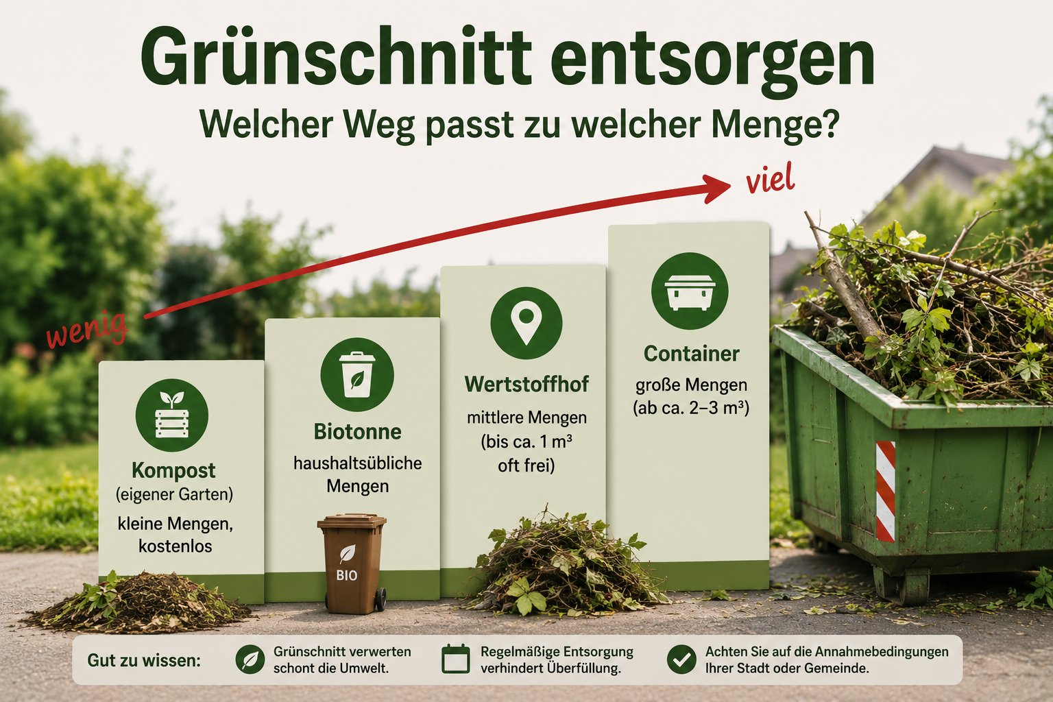 Grünschnitt-Entsorgungswege nach Menge: Kompost, Biotonne, Wertstoffhof und Container von kleinen zu großen Mengen
