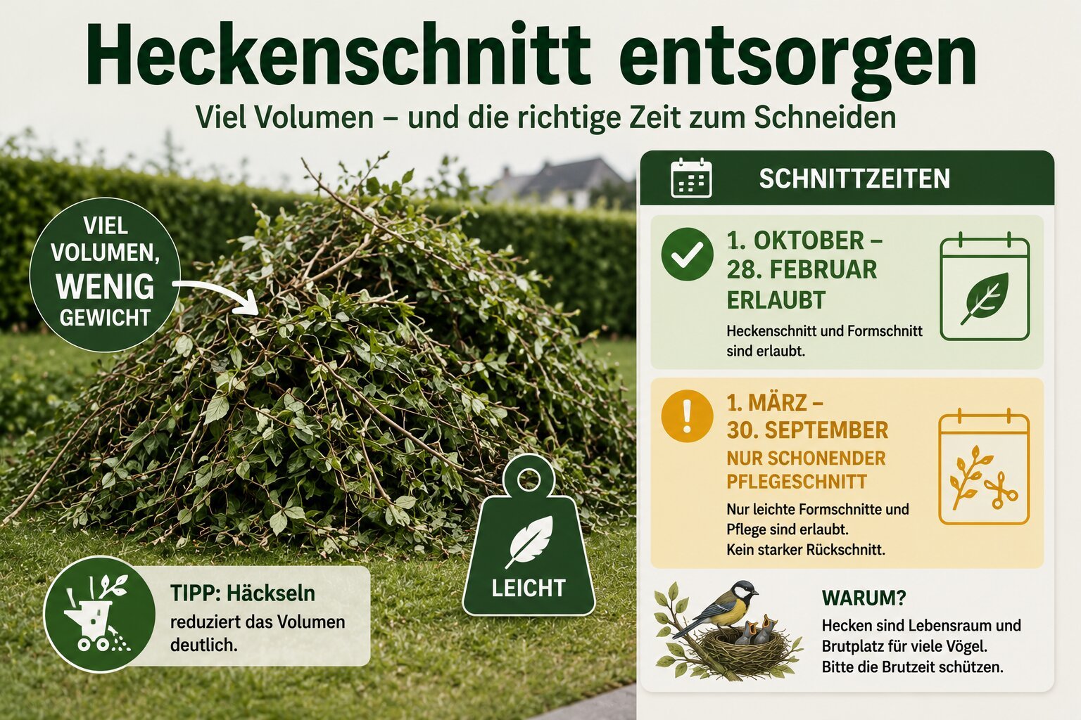Heckenschnitt entsorgen: viel Volumen bei wenig Gewicht, dazu die erlaubten Schnittzeiten von Oktober bis Februar zum Schutz brütender Vögel