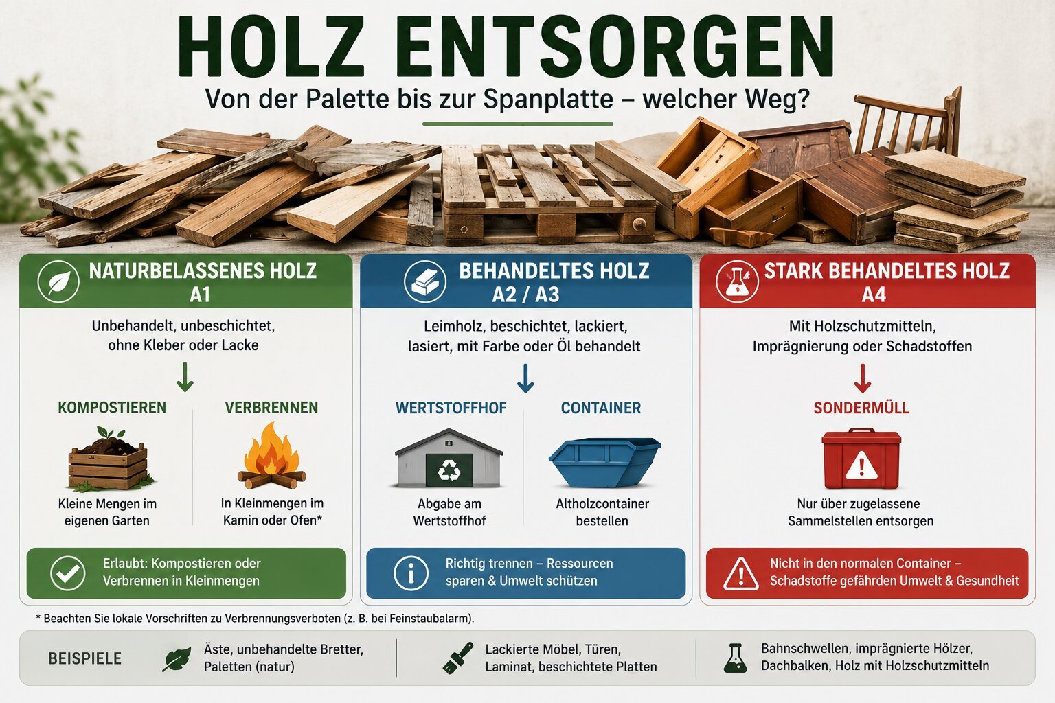 Holz entsorgen nach Behandlungsgrad: naturbelassenes Holz A1 zum Kompostieren oder Verbrennen, behandeltes Holz A2/A3 zum Wertstoffhof oder Container, stark behandeltes Holz A4 als Sondermüll