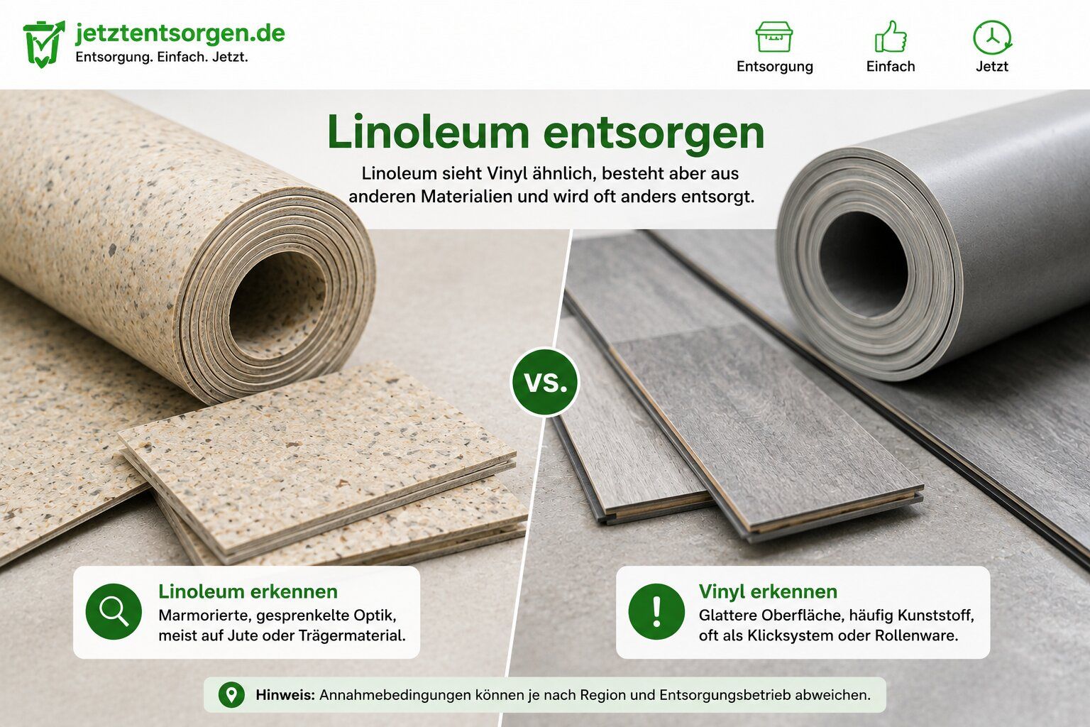 Linoleum entsorgen: marmoriertes Linoleum im Vergleich zu glattem Vinyl, Unterschied erkennen