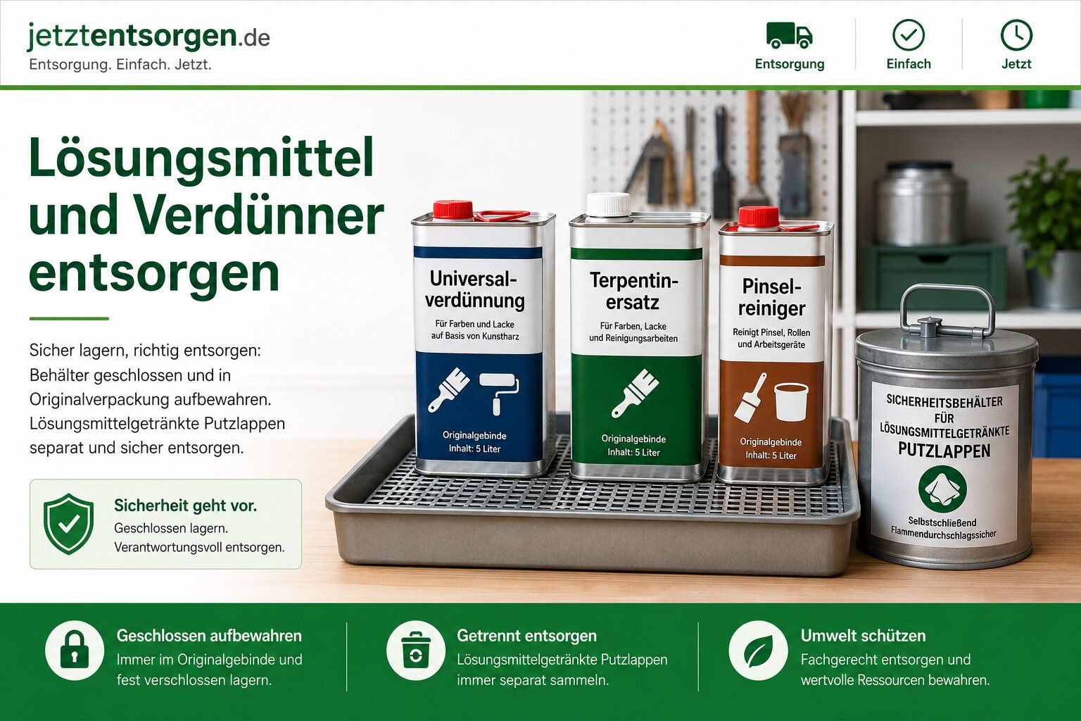 Lösungsmittel und Verdünner entsorgen: original beschriftete Behälter auf Auffangwanne sicher lagern und abgeben