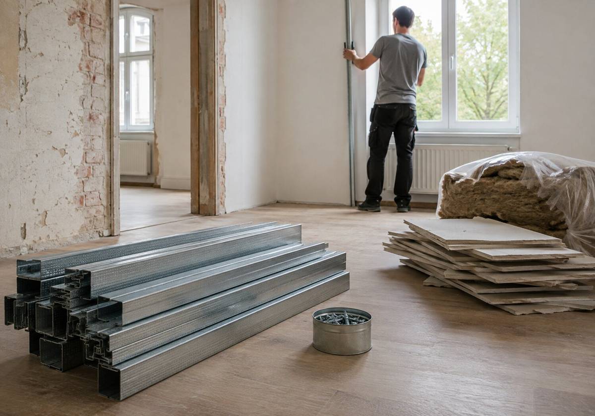 Gebündelte saubere Trockenbau-Metallprofile mit einer Dose Schrauben, deutlich abgesetzt davon Gipskartonplatten und verpackte Dämmwolle