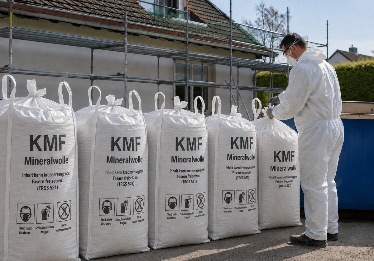 Verschlossene, gekennzeichnete Big Bags mit Mineralwolle und eine Person in Schutzausrüstung