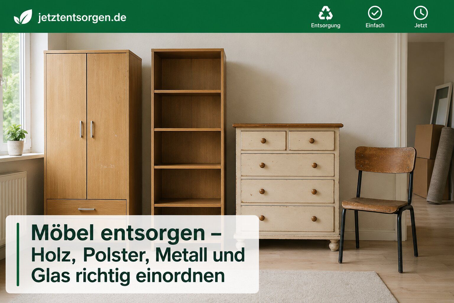 Alte Möbel entsorgen: Kleiderschrank, Regal, Kommode und Stuhl in einem geräumten Zimmer