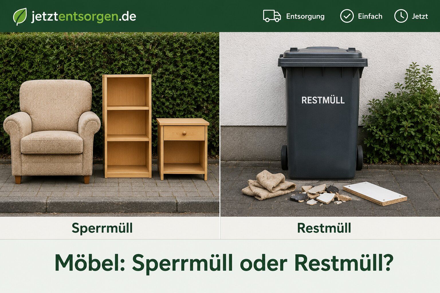Vergleich: links Sessel, Regal und Nachttisch als Sperrmüll, rechts eine Restmülltonne mit kleinteiligen Resten