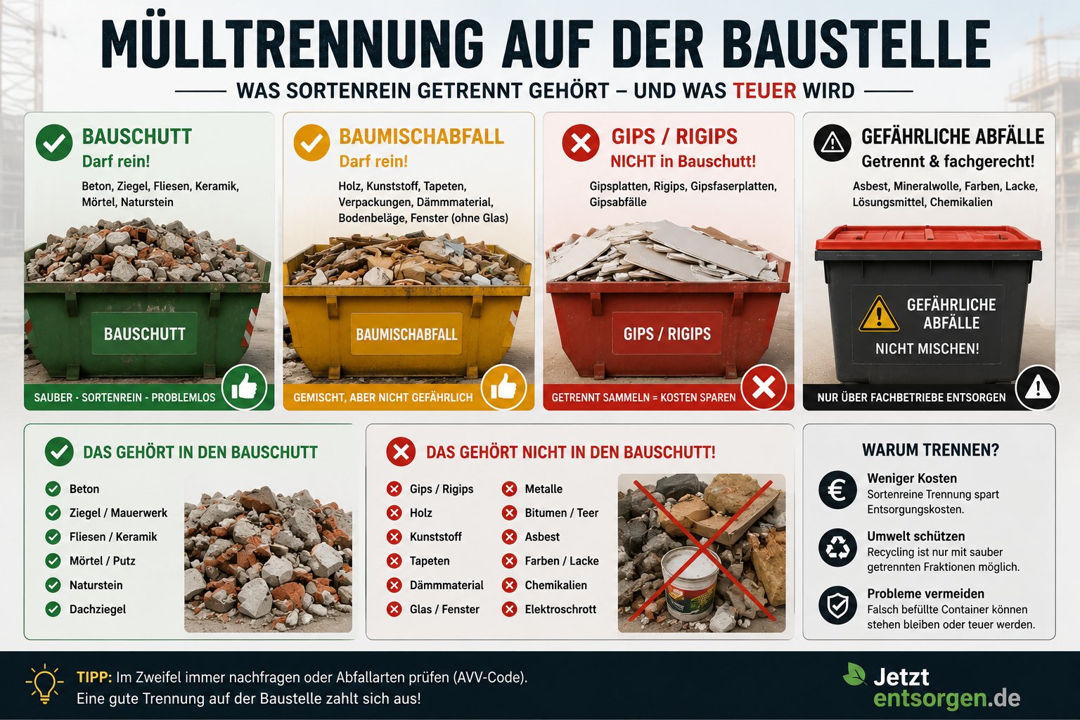 Übersicht der Baustellen-Fraktionen: Bauschutt, Baumischabfall, Gips/Rigips und gefährliche Abfälle sowie was in den Bauschutt darf und was nicht