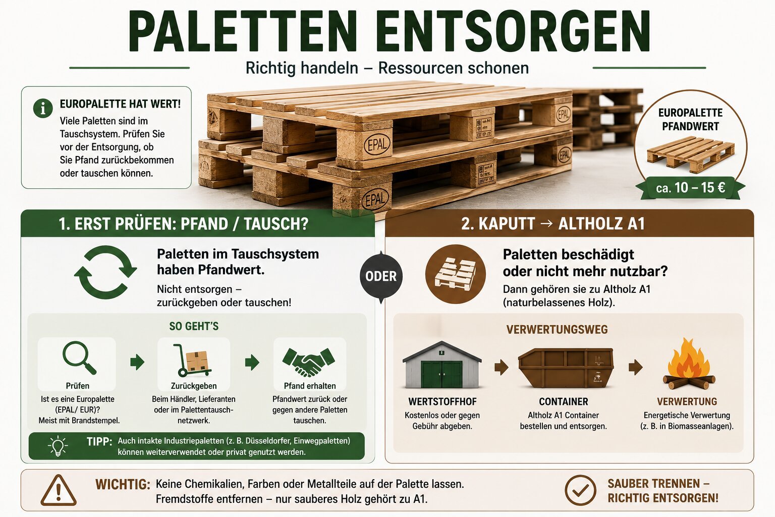 Paletten entsorgen: Europaletten haben einen Pfandwert und lassen sich tauschen, kaputte Paletten gehören als Altholz A1 zum Wertstoffhof oder Container