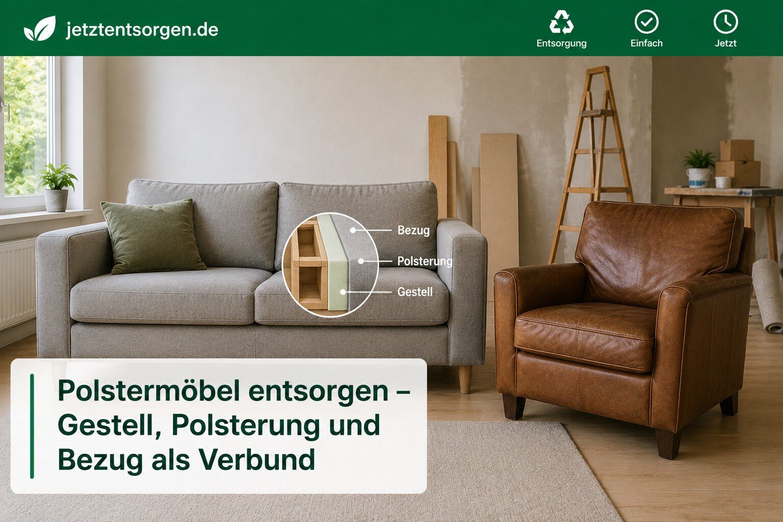 Polstermöbel entsorgen: Stoffsofa mit Detailansicht von Gestell, Polsterung und Bezug sowie ein Ledersessel