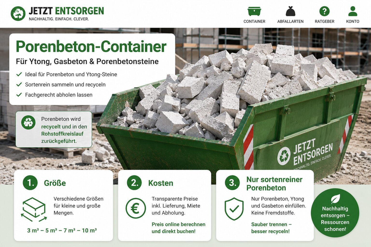 Porenbeton-Container gefüllt mit Ytong- und Gasbetonbruchstücken – sortenrein sammeln für besseres Recycling