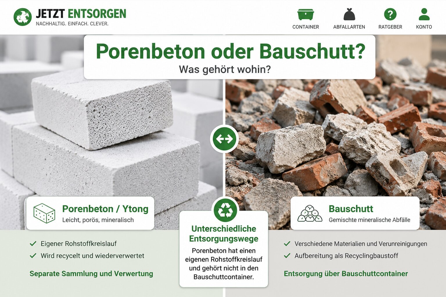 Porenbeton und Bauschutt im Vergleich: poröser Porenbeton/Ytong gegenüber mineralischem Bauschutt mit unterschiedlichen Entsorgungswegen