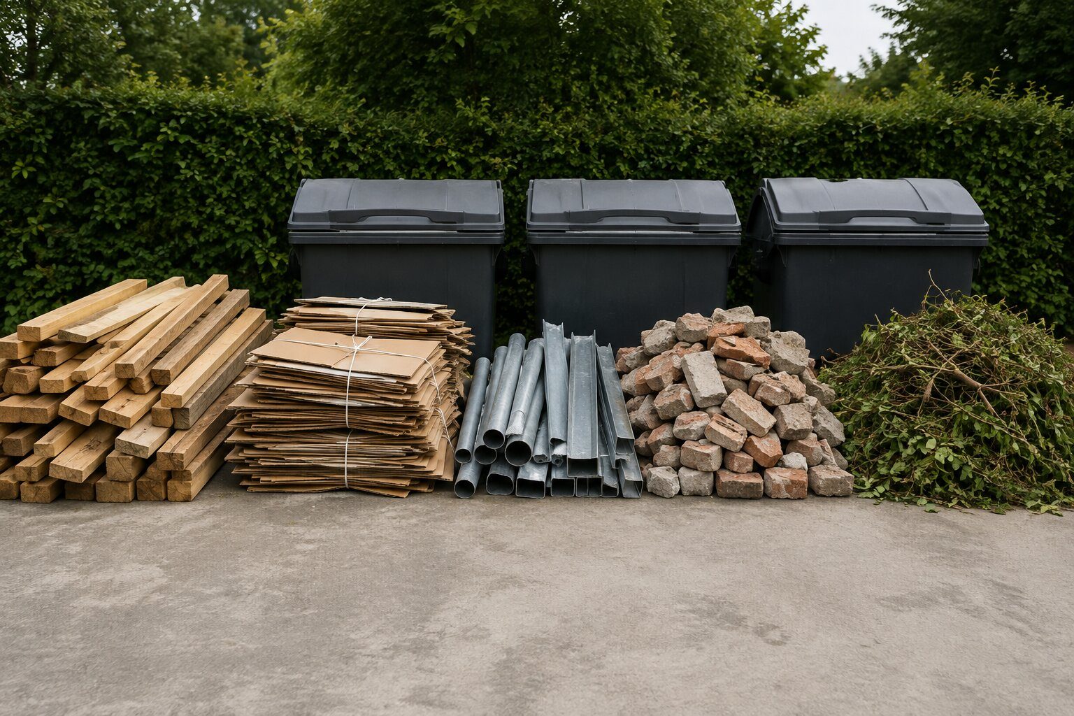 Sortierte Materialien wie Holz, Karton, Metall, Ziegelbruch und Grünschnitt nebeneinander vor drei grauen Sammelbehältern.