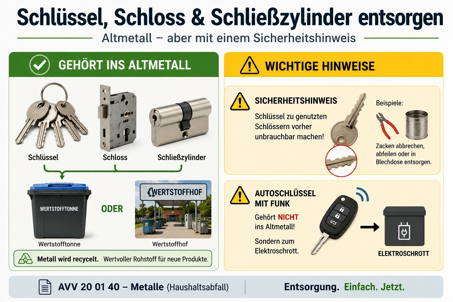 Schlüssel, Schloss und Schließzylinder gehören ins Altmetall (Wertstofftonne oder Wertstoffhof); Sicherheitshinweis zum Unbrauchbarmachen und Autoschlüssel mit Funk zum Elektroschrott