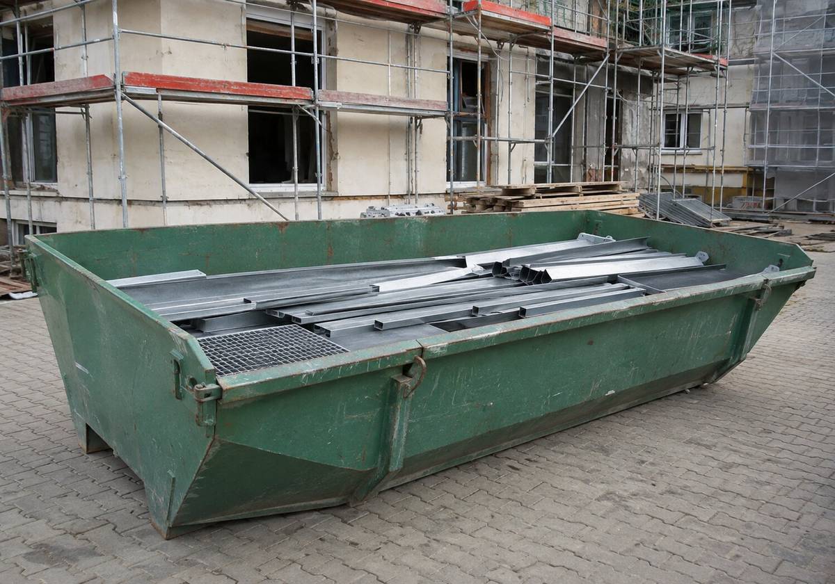 Sauber befüllter Schrottcontainer mit Metallprofilen, Rohren und Blechen