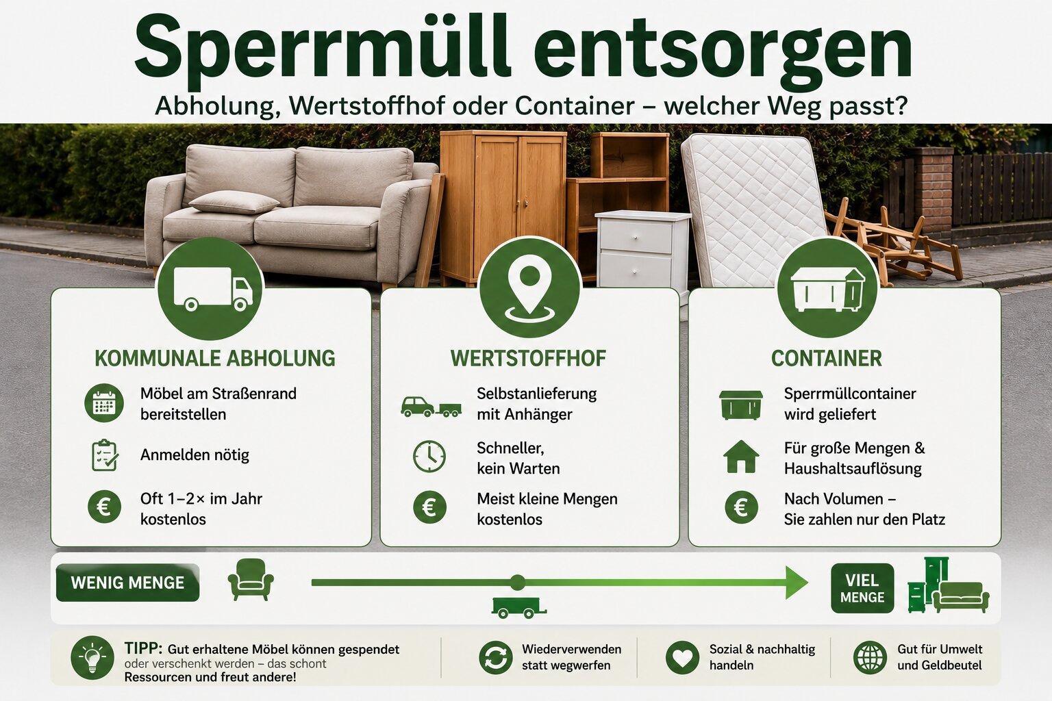 Die drei Sperrmüll-Entsorgungswege im Vergleich: kommunale Abholung, Selbstanlieferung am Wertstoffhof und Container für große Mengen