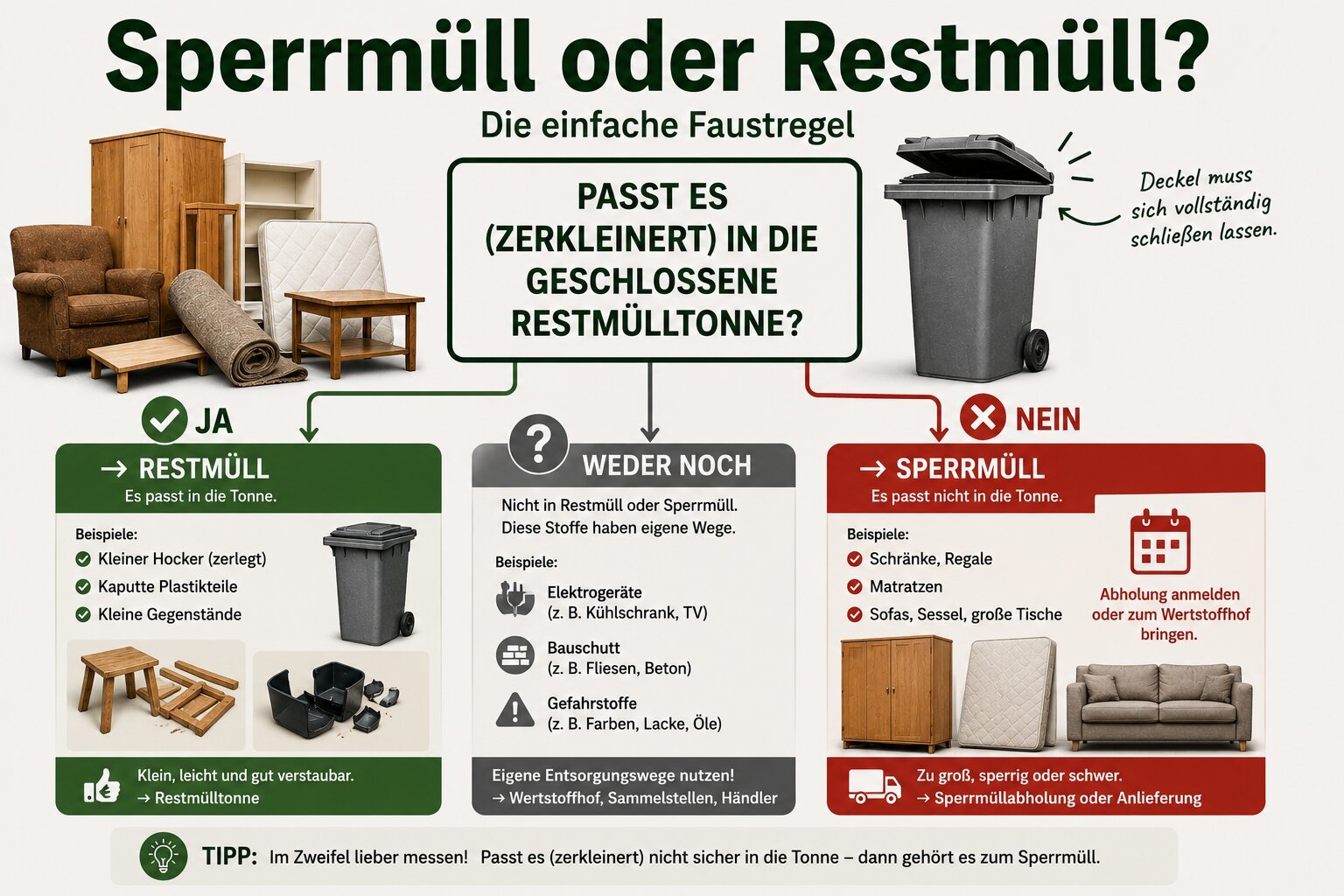 Faustregel zur Unterscheidung: Passt es in die geschlossene Restmülltonne, ist es Restmüll, sonst Sperrmüll – plus die dritte Kategorie mit eigenen Wegen