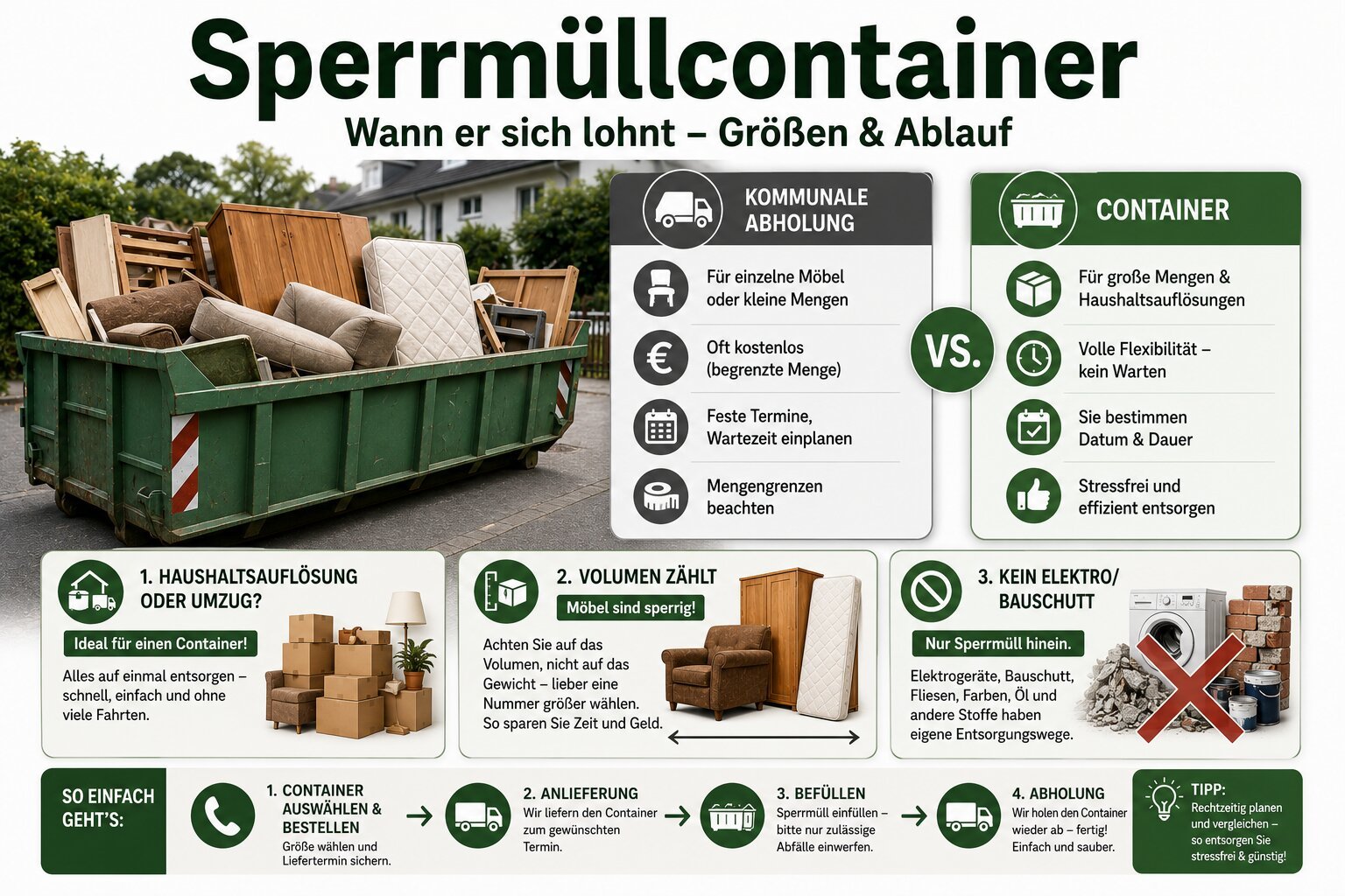 Sperrmüllcontainer im Vergleich zur kommunalen Abholung: wann sich der Container lohnt, worauf es beim Volumen ankommt und der Ablauf