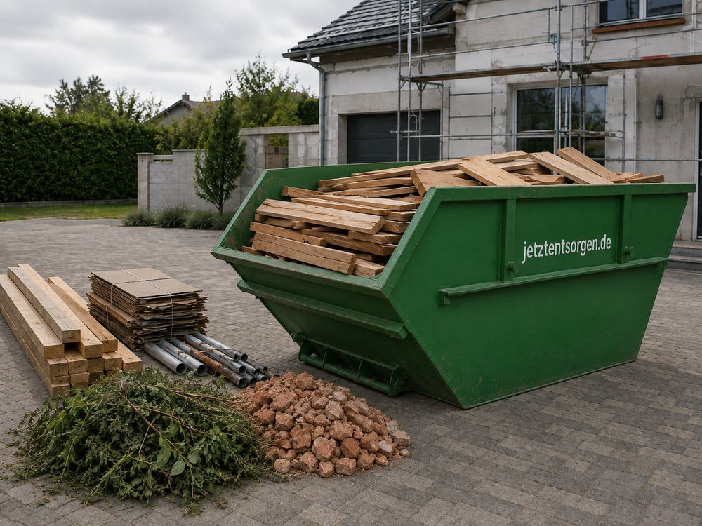 Grüner Absetzcontainer mit sortenrein geladenem Bauholz auf einer Hofeinfahrt. Daneben getrennt bereitgestellt: Kanthölzer, gebündelte Kartonagen, Metallrohre, Grünschnitt und ein Haufen Ziegelbruch.