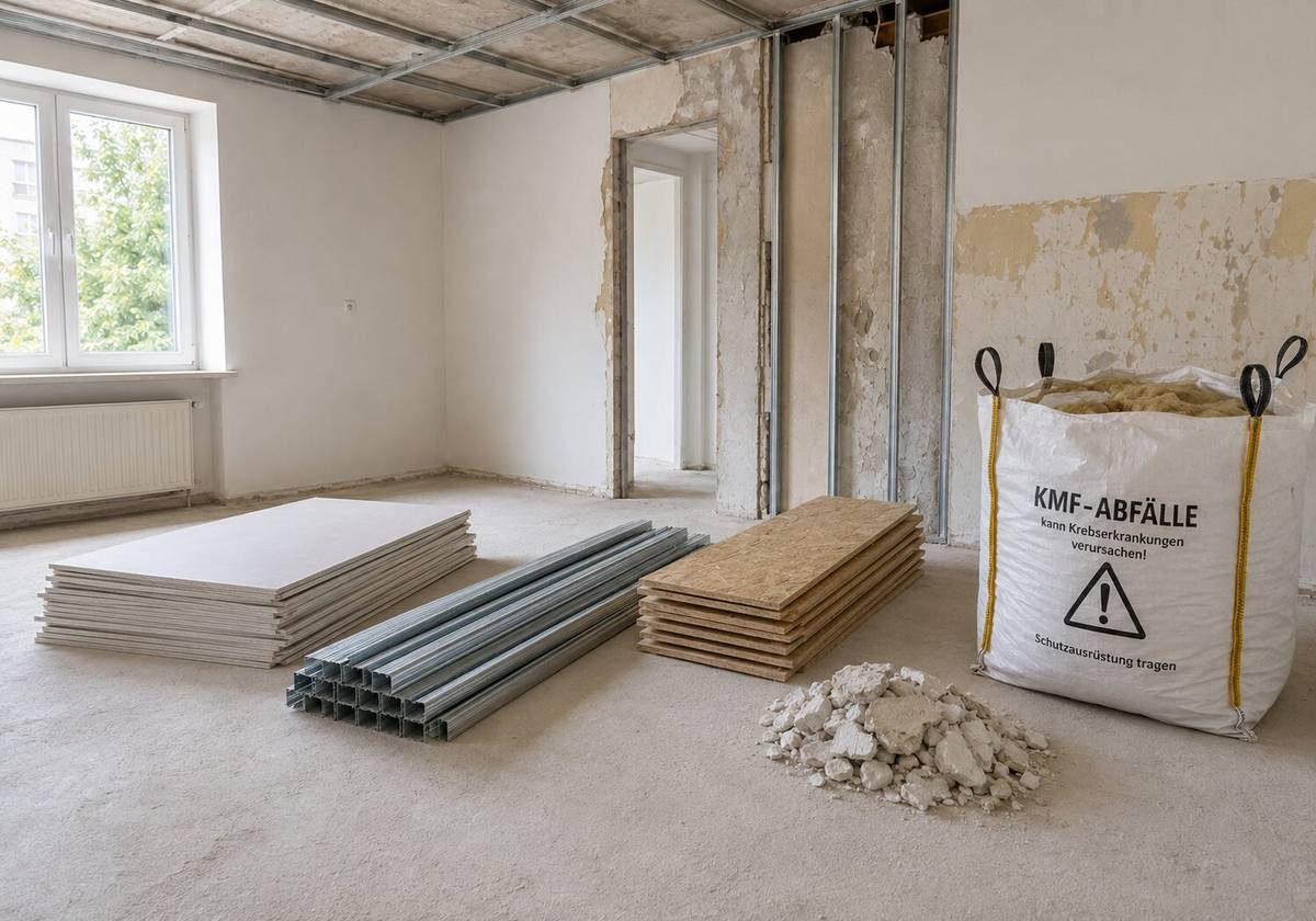 Getrennt gestapelte Materialien beim Rückbau von Wand und Decke: Gipskartonplatten, Metallprofile, Holzwerkstoffplatten, Putzreste und ein gekennzeichneter Sammelsack für Mineralwolle