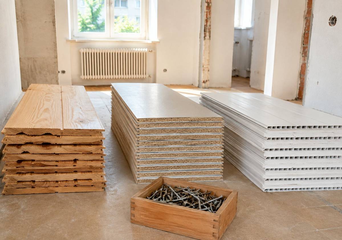 Getrennte Stapel aus Massivholzpaneelen, beschichteten Holzwerkstoffpaneelen und Kunststoffpaneelen mit sichtbaren Schnittkanten, davor eine Kiste mit Schrauben