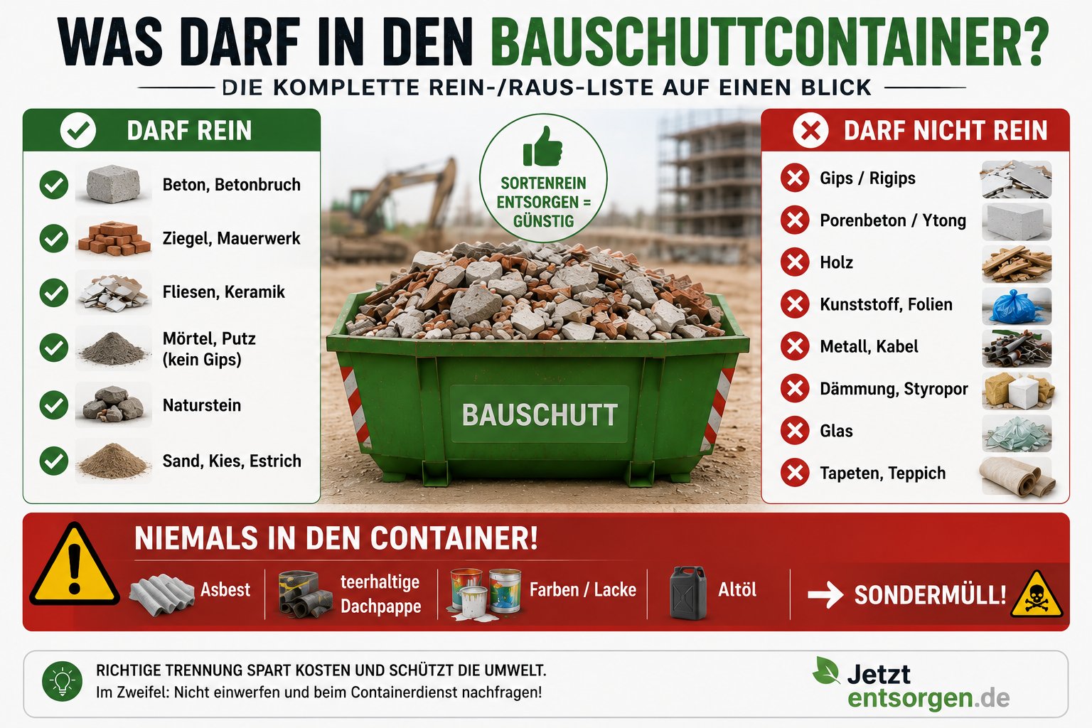 Übersicht was in den Bauschuttcontainer darf und was nicht: erlaubte mineralische Abfälle, verbotene Fremdstoffe und Sondermüll